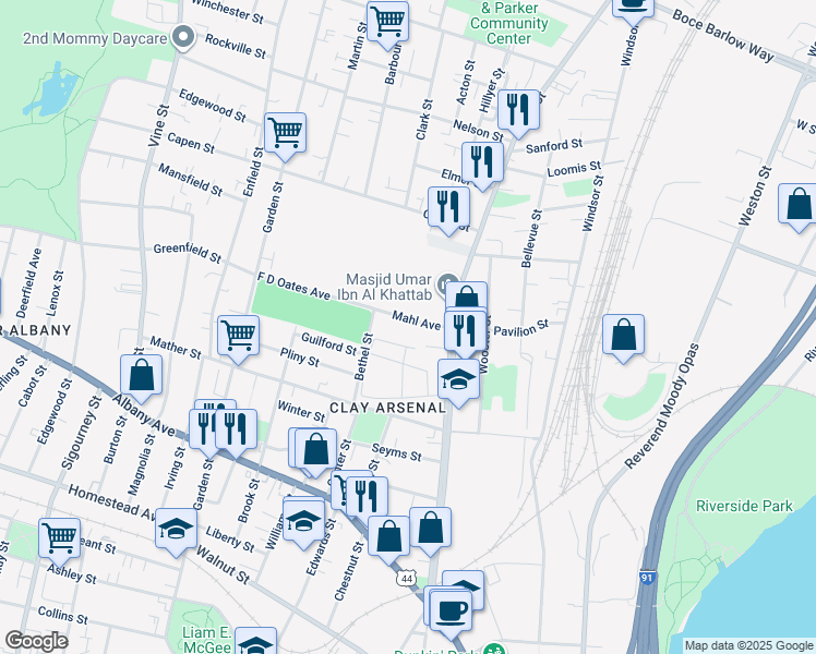 map of restaurants, bars, coffee shops, grocery stores, and more near 29-31 Mahl Avenue in Hartford