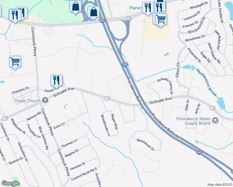 map of restaurants, bars, coffee shops, grocery stores, and more near 845 Scituate Avenue in Cranston