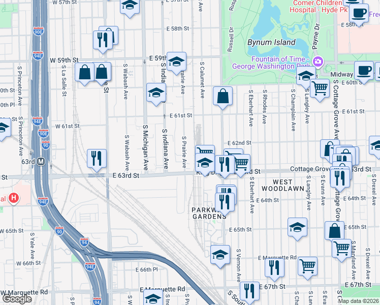 map of restaurants, bars, coffee shops, grocery stores, and more near 6259 South Prairie Avenue in Chicago