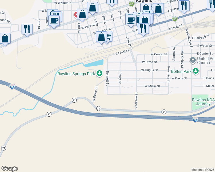 map of restaurants, bars, coffee shops, grocery stores, and more near 700 Bennett Street in Rawlins