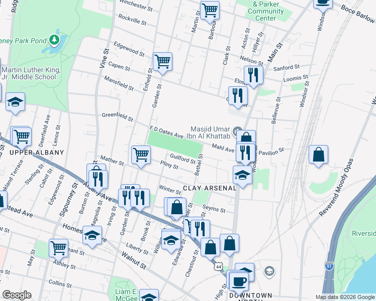 map of restaurants, bars, coffee shops, grocery stores, and more near 103-199 F D Oates Ave, Hartford, CT 06112 F D Oates Avenue in Hartford