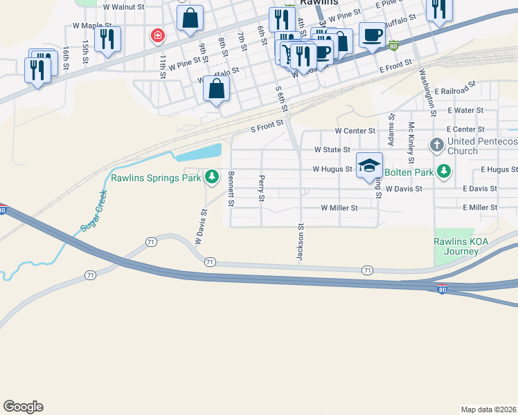 map of restaurants, bars, coffee shops, grocery stores, and more near 600-798 Perry Street in Rawlins