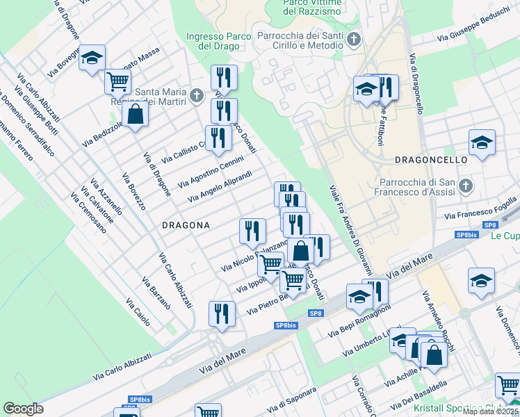 map of restaurants, bars, coffee shops, grocery stores, and more near 34 Via Enrico Verjus in Città metropolitana di Roma Capitale