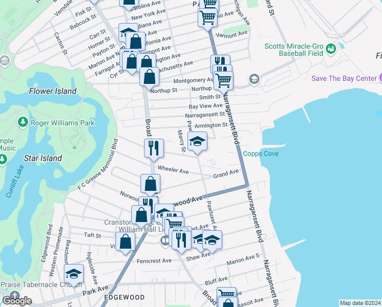 map of restaurants, bars, coffee shops, grocery stores, and more near 169 Pawtuxet Avenue in Cranston