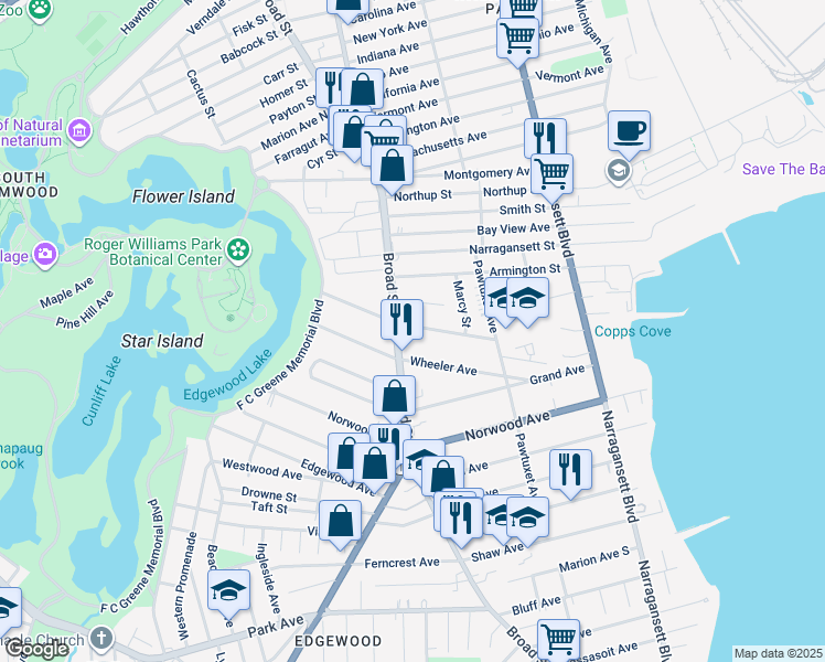 map of restaurants, bars, coffee shops, grocery stores, and more near 101 Wheeler Avenue in Cranston