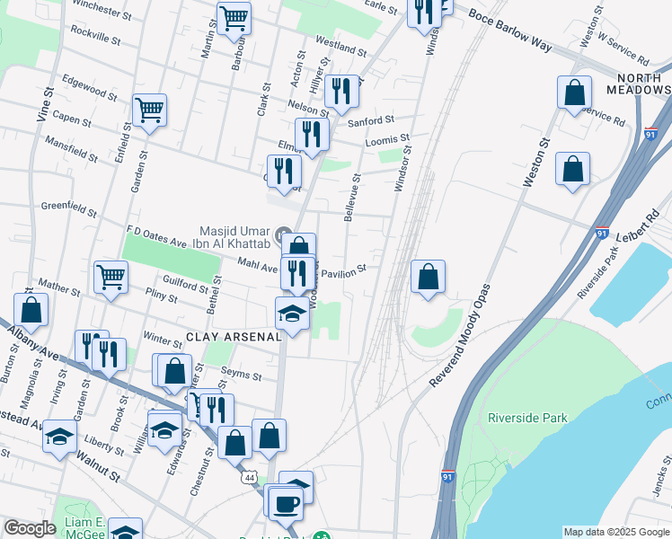 map of restaurants, bars, coffee shops, grocery stores, and more near 5 Mary Shepard Place in Hartford