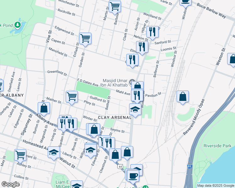 map of restaurants, bars, coffee shops, grocery stores, and more near 29-31 Mahl Avenue in Hartford