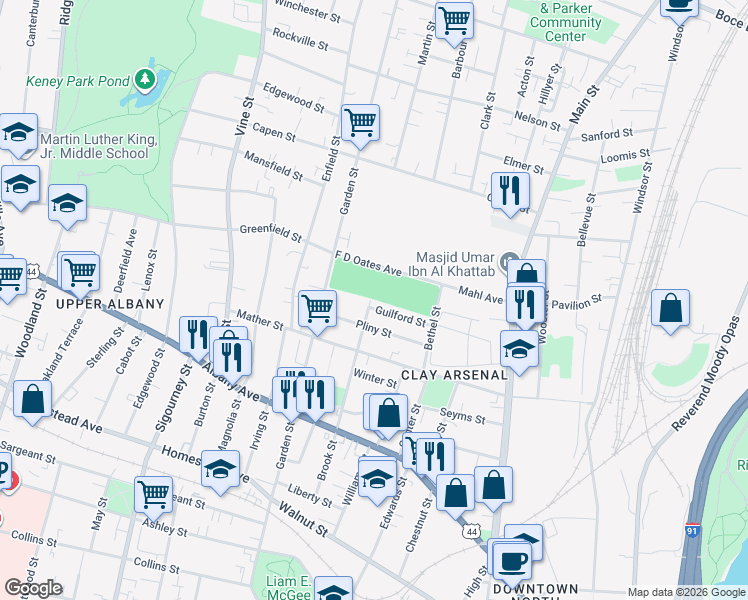 map of restaurants, bars, coffee shops, grocery stores, and more near 175 Brook Street in Hartford