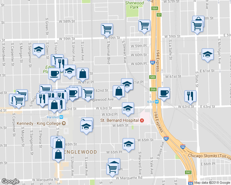 map of restaurants, bars, coffee shops, grocery stores, and more near 422 West Englewood Avenue in Chicago