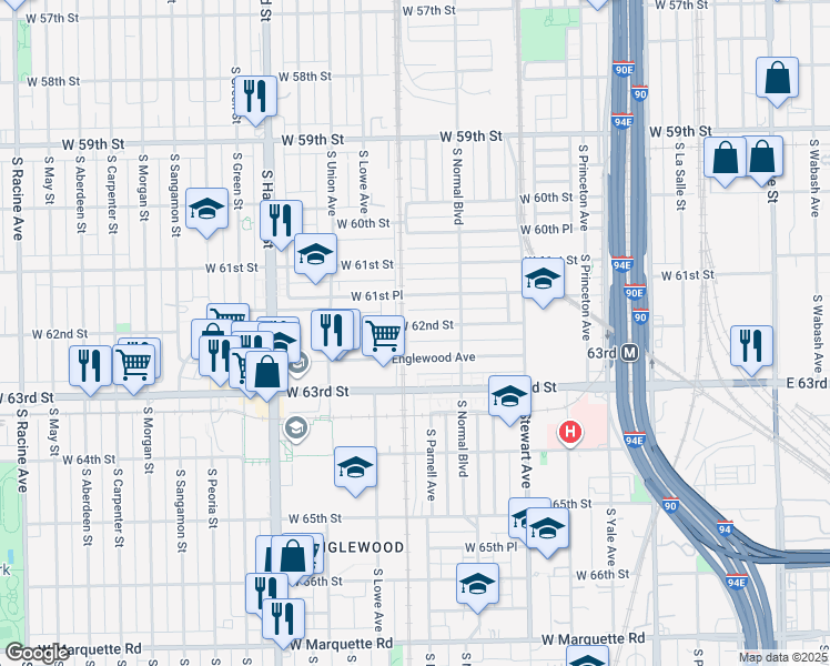 map of restaurants, bars, coffee shops, grocery stores, and more near 536 West Englewood Avenue in Chicago