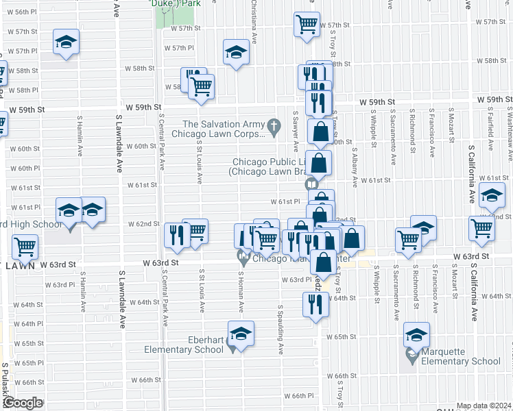 map of restaurants, bars, coffee shops, grocery stores, and more near 3320 West 62nd Street in Chicago