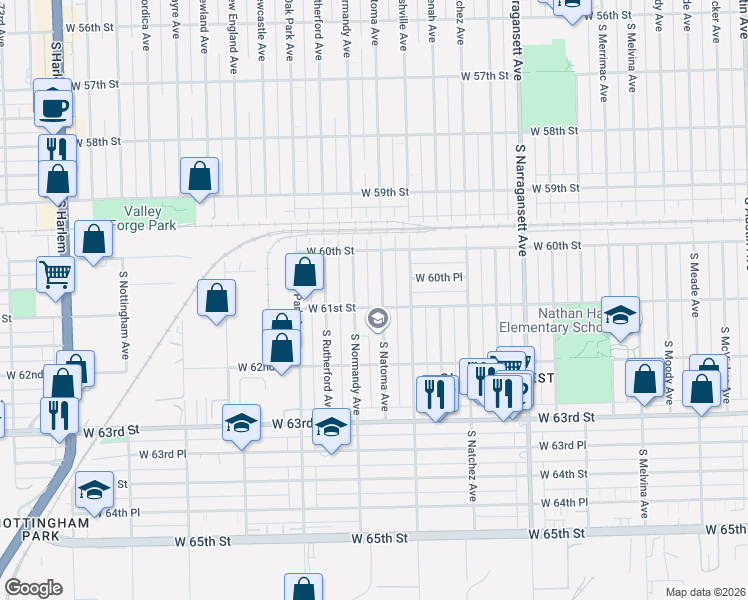 map of restaurants, bars, coffee shops, grocery stores, and more near 6107 South Natoma Avenue in Chicago
