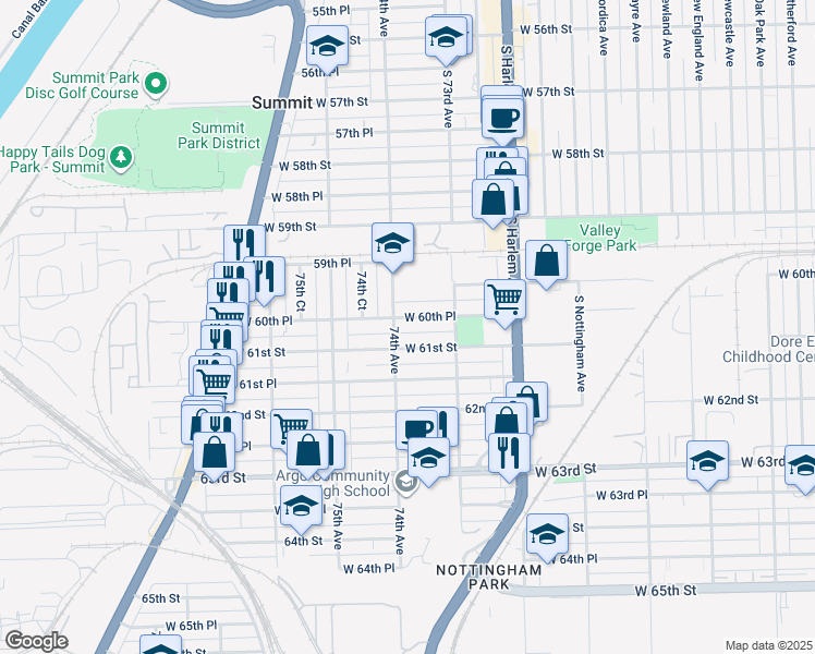 map of restaurants, bars, coffee shops, grocery stores, and more near 7336 West 61st Street in Summit