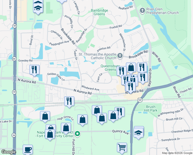 map of restaurants, bars, coffee shops, grocery stores, and more near 1639 Hinterlong Lane in Naperville