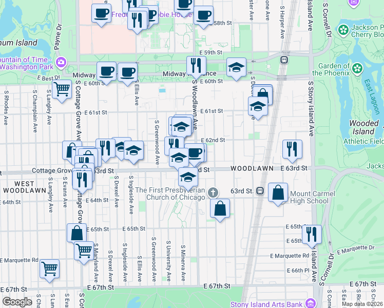 map of restaurants, bars, coffee shops, grocery stores, and more near 6226 South Woodlawn Avenue in Chicago