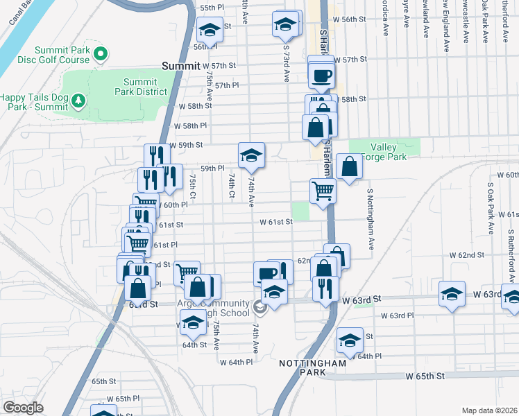 map of restaurants, bars, coffee shops, grocery stores, and more near 7336 West 61st Street in Summit