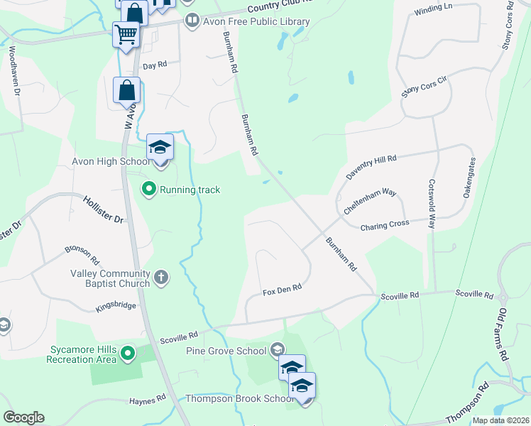 map of restaurants, bars, coffee shops, grocery stores, and more near 117 Fox Den Road in Avon