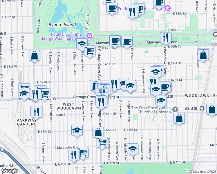 map of restaurants, bars, coffee shops, grocery stores, and more near 6200 South Drexel Avenue in Chicago