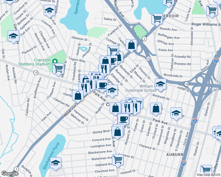 map of restaurants, bars, coffee shops, grocery stores, and more near 196 Elsie Street in Cranston