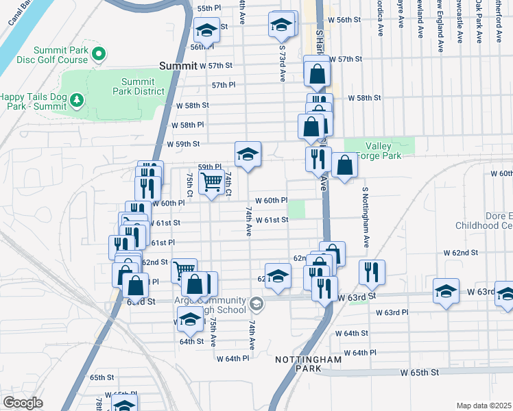 map of restaurants, bars, coffee shops, grocery stores, and more near 7336 West 61st Street in Summit