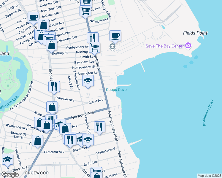 map of restaurants, bars, coffee shops, grocery stores, and more near 1150 Narragansett Boulevard in Cranston