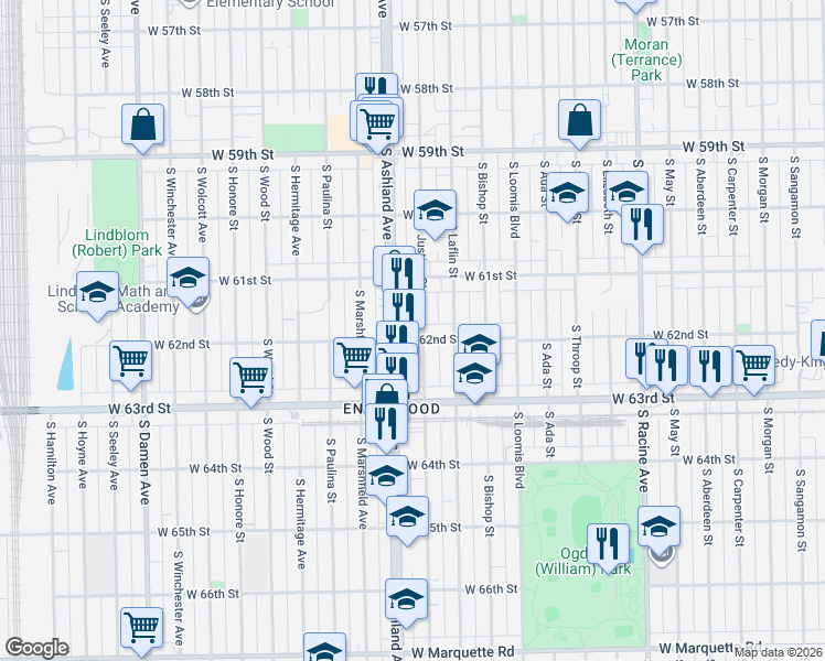 map of restaurants, bars, coffee shops, grocery stores, and more near 6203 South Justine Street in Chicago