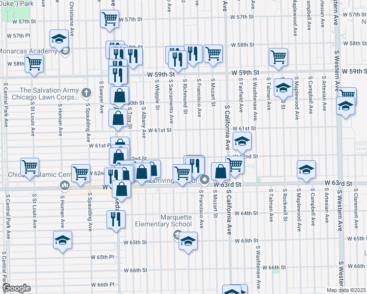 map of restaurants, bars, coffee shops, grocery stores, and more near 6136 South Richmond Street in Chicago