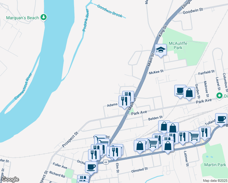 map of restaurants, bars, coffee shops, grocery stores, and more near 60 Murray Street in East Hartford