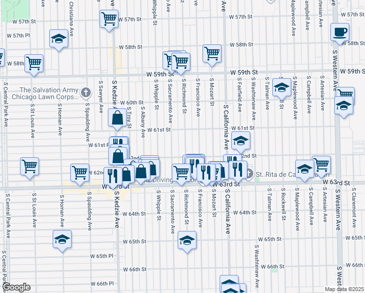 map of restaurants, bars, coffee shops, grocery stores, and more near 6158 South Richmond Street in Chicago