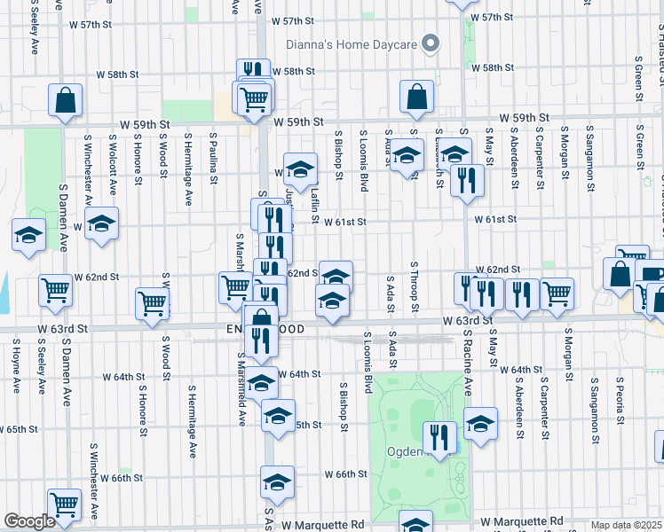 map of restaurants, bars, coffee shops, grocery stores, and more near 6209 South Laflin Street in Chicago