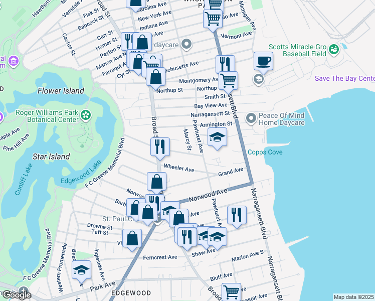map of restaurants, bars, coffee shops, grocery stores, and more near 108 Wentworth Avenue in Cranston