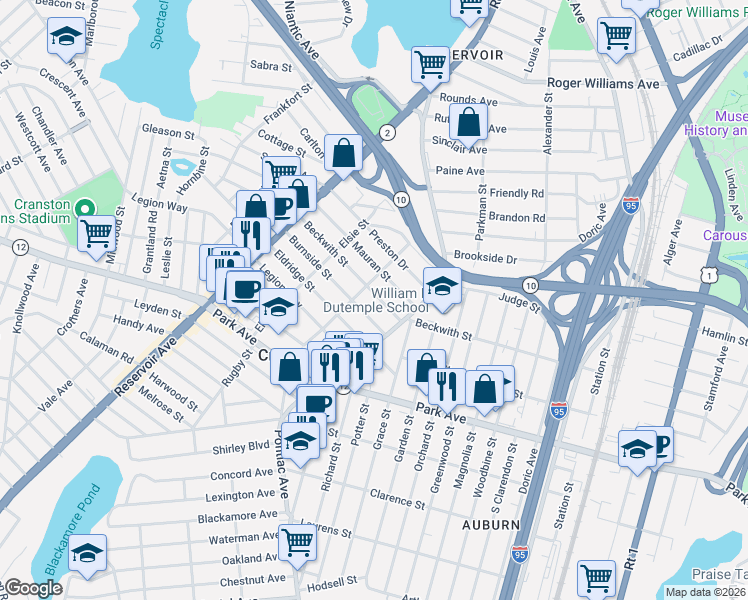map of restaurants, bars, coffee shops, grocery stores, and more near 247 Pontiac Avenue in Cranston