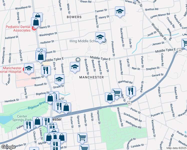 map of restaurants, bars, coffee shops, grocery stores, and more near 101 Brookfield Street in Manchester