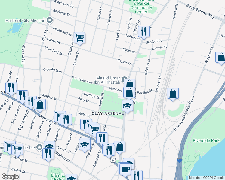 map of restaurants, bars, coffee shops, grocery stores, and more near 29-31 Mahl Avenue in Hartford