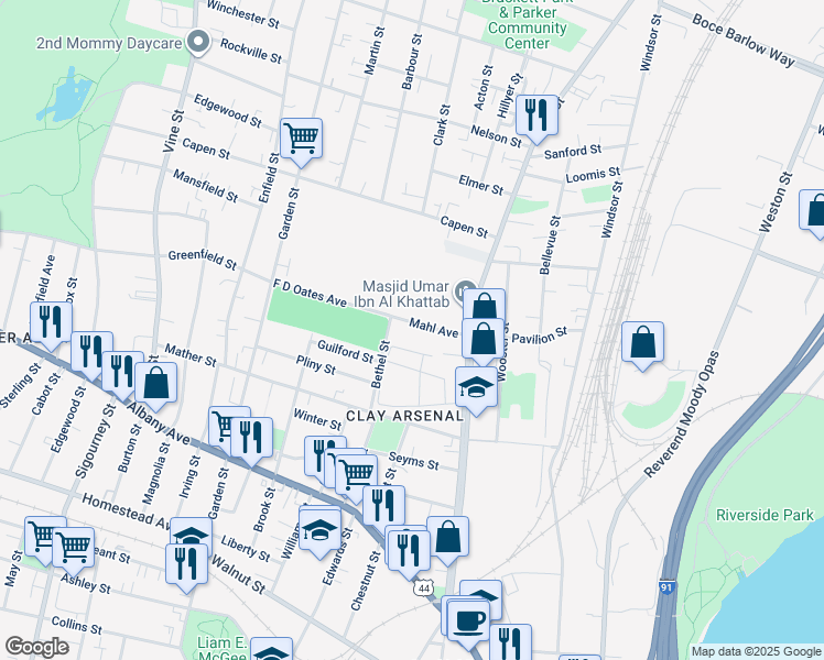 map of restaurants, bars, coffee shops, grocery stores, and more near 29-31 Mahl Avenue in Hartford