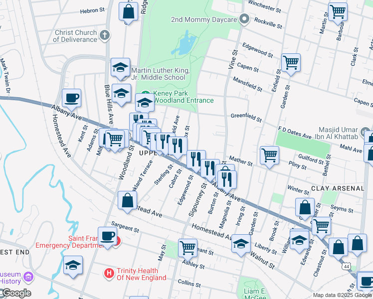map of restaurants, bars, coffee shops, grocery stores, and more near in Hartford