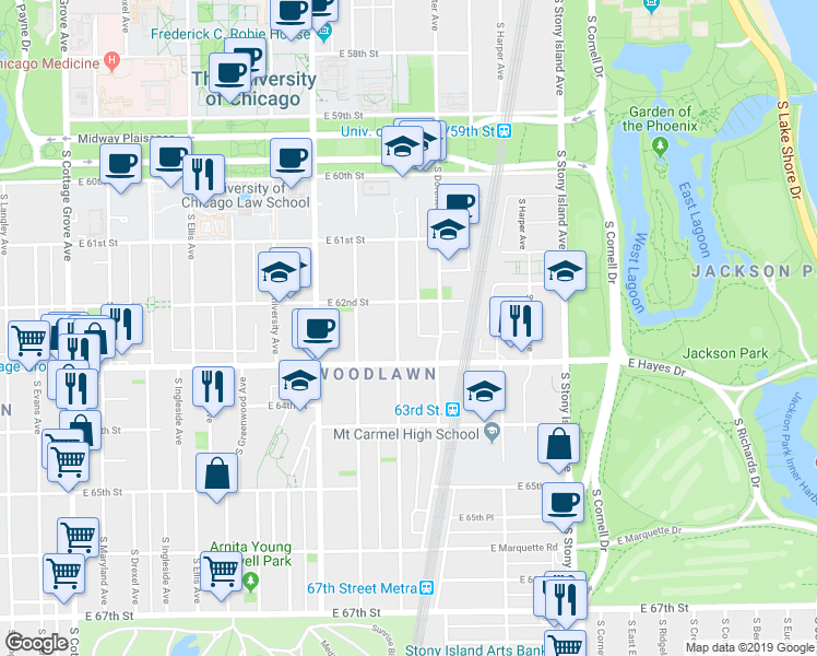 map of restaurants, bars, coffee shops, grocery stores, and more near 6243 South Kenwood Avenue in Chicago
