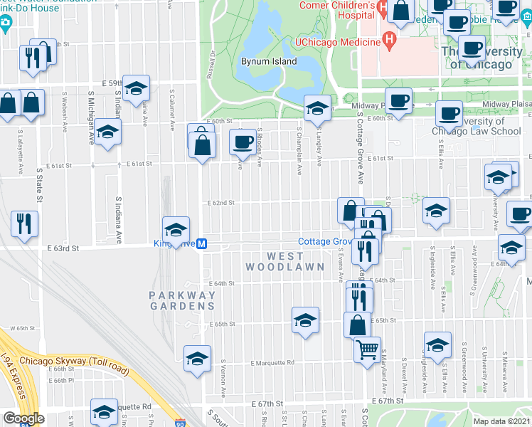 map of restaurants, bars, coffee shops, grocery stores, and more near 6233 South Rhodes Avenue in Chicago
