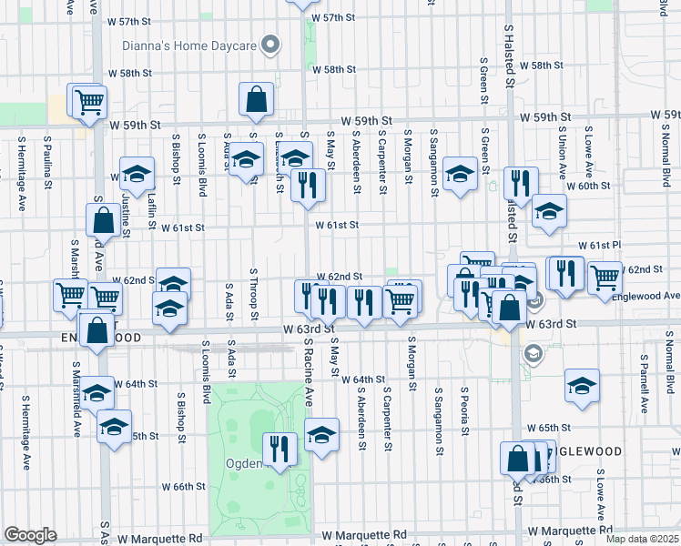 map of restaurants, bars, coffee shops, grocery stores, and more near 6214 South Aberdeen Street in Chicago