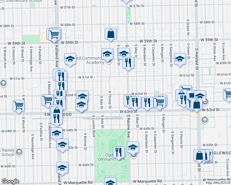 map of restaurants, bars, coffee shops, grocery stores, and more near 6201 South Throop Street in Chicago