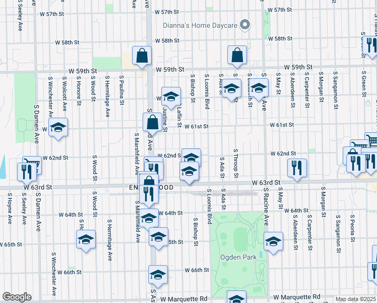 map of restaurants, bars, coffee shops, grocery stores, and more near 6209 South Laflin Street in Chicago