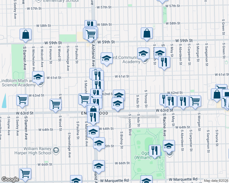 map of restaurants, bars, coffee shops, grocery stores, and more near 6209 South Laflin Street in Chicago