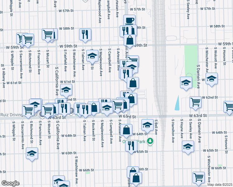 map of restaurants, bars, coffee shops, grocery stores, and more near 2447 West 62nd Street in Chicago