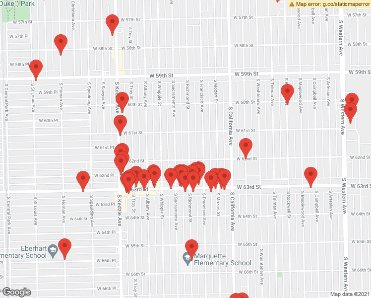 map of restaurants, bars, coffee shops, grocery stores, and more near 6158 South Richmond Street in Chicago
