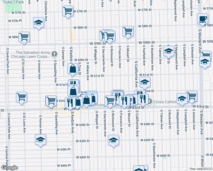 map of restaurants, bars, coffee shops, grocery stores, and more near 6158 South Richmond Street in Chicago
