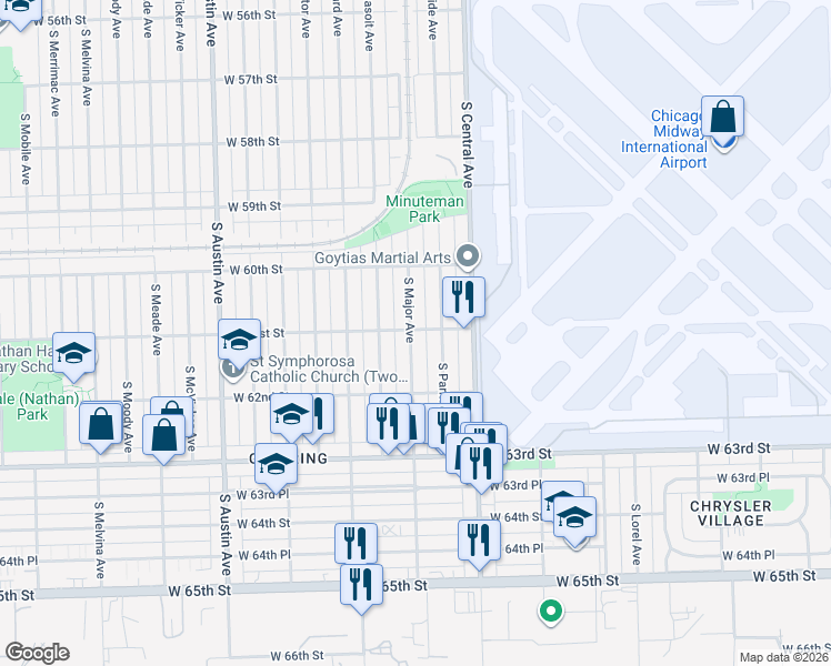 map of restaurants, bars, coffee shops, grocery stores, and more near 6122 South Parkside Avenue in Chicago