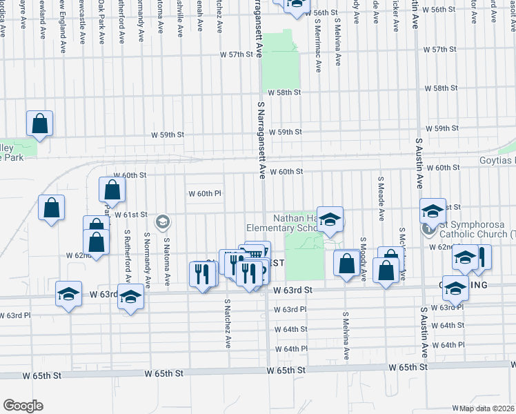 map of restaurants, bars, coffee shops, grocery stores, and more near 6108 South Narragansett Avenue in Chicago