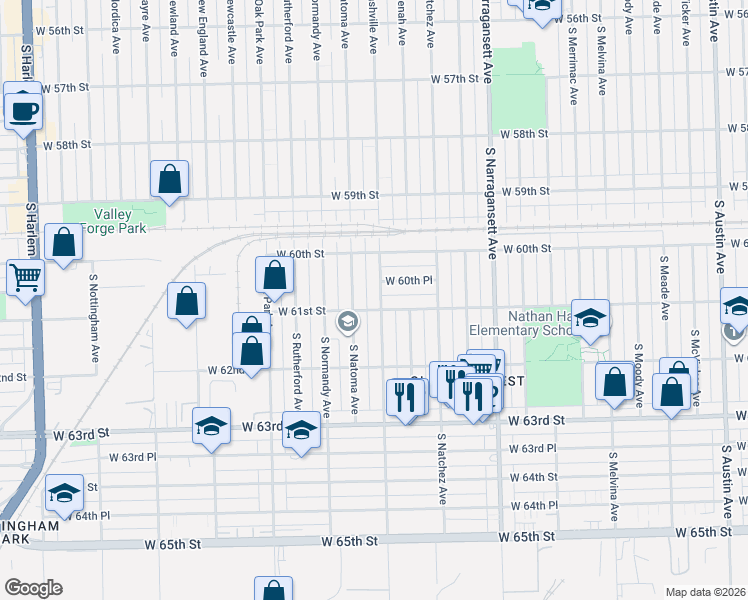 map of restaurants, bars, coffee shops, grocery stores, and more near 6105 South Nashville Avenue in Chicago