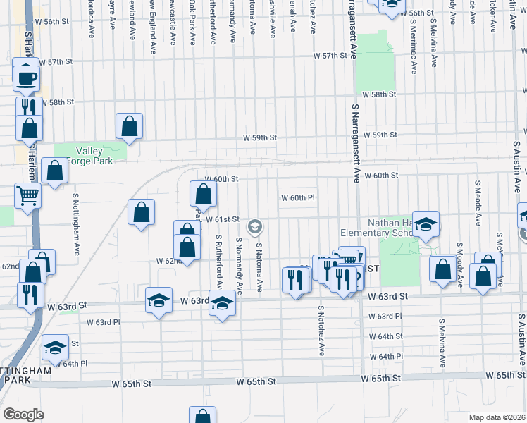 map of restaurants, bars, coffee shops, grocery stores, and more near 6107 South Natoma Avenue in Chicago