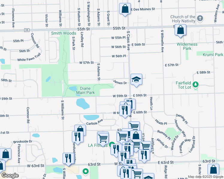 map of restaurants, bars, coffee shops, grocery stores, and more near 60 West 59th Street in Westmont